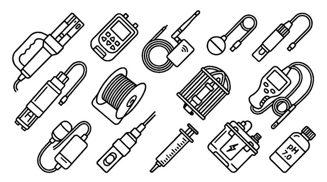Scientific Laboratory Equipment and Water Quality Testing Tools Line Art Icon Set.