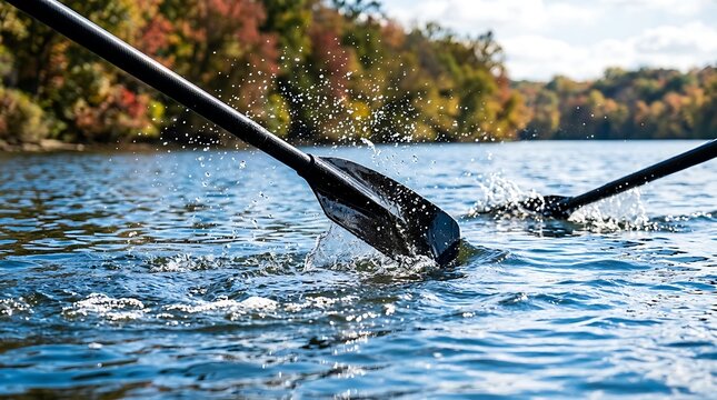 Close-up of canoe paddles hitting the water with splashes on a lake in autumn