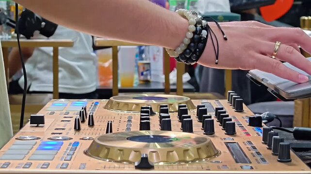 DJ hands playing and mixing music sound instrument console control, Nightclub Concert, Electronic Musical Equipment, Nightlife Party Work Performance