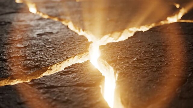 Close-up view of bright orange light emanating through deep fissures in a dark textured stone surface, featuring volumetric rays and smoke rising from the heated ground cracks.