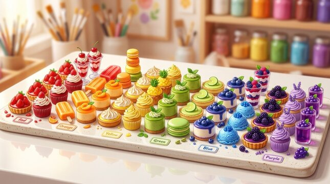 A colorful array of cupcakes and cookies arranged on a tray, with a variety of colors and textures, in a bright, well-lit kitchen setting.