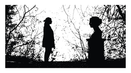 Woman stands in profile silhouette before a classical stone bust in a wooded area. © Sadee Girl