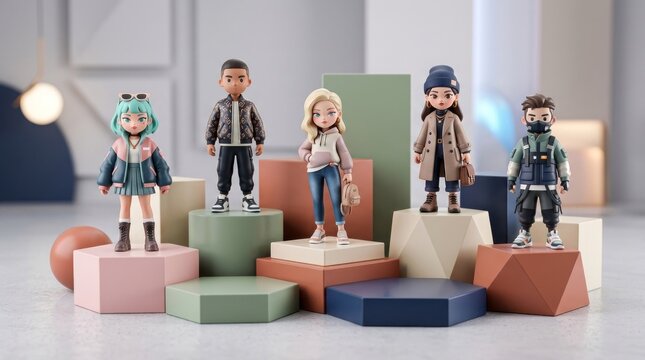 A group of five 3D-rendered, stylized, anthropomorphic characters in a modern, minimalist setting with pastel-colored podiums and a neutral background.