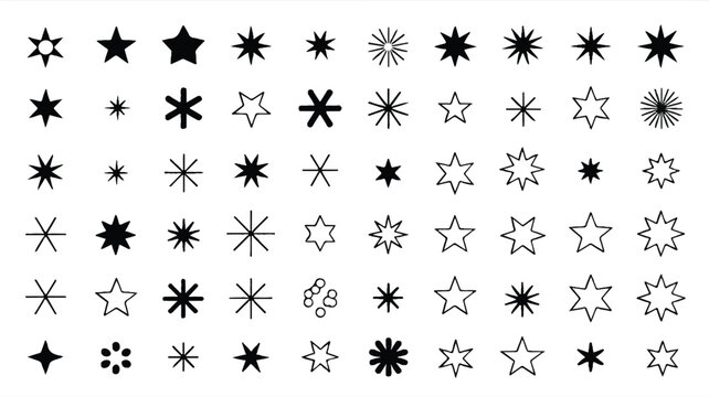 A collection of various black star shapes and designs on a white background