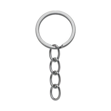 Shiny silver metal keychain with a circular ring and a short vertical chain, isolated on a white background, realistic metallic hardware