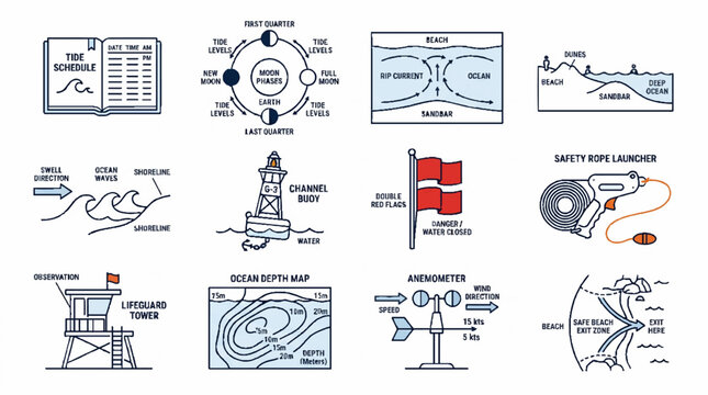 Ocean Safety and Marine Navigation Educational Infographic Icons Set.
