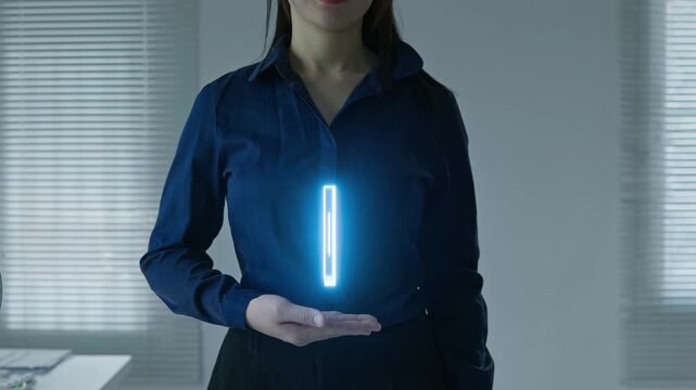 Business woman presenting an AI platform above her hand, symbolizing human adoption of artificial intelligence for business, productivity, automation and digital innovation