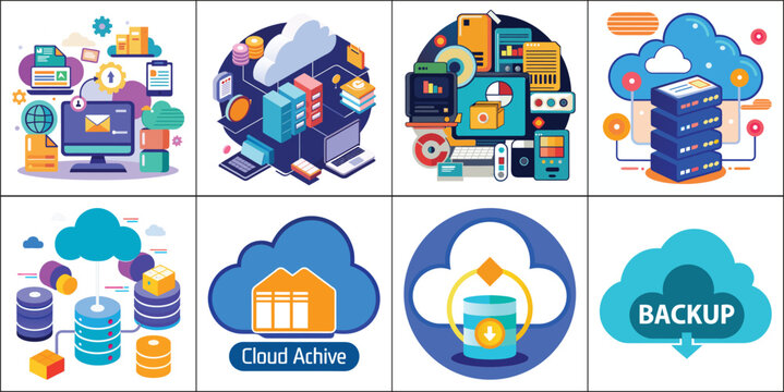Data center and network storage icon collection. Flat isometric graphic elements featuring cloud computing technology and computer backup systems.