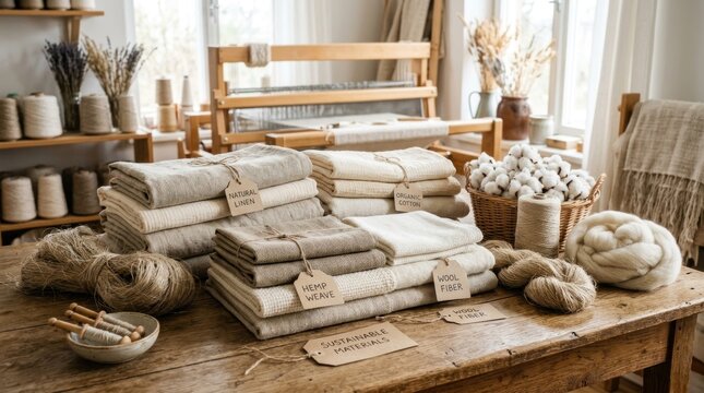 A rustic wooden table with a variety of natural materials and objects, including fabric, yarn, and cotton balls, arranged in a cozy, homey setting.