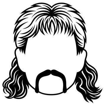 Mullet hairstyle illustration featuring a retro male haircut and mustache on transparent background