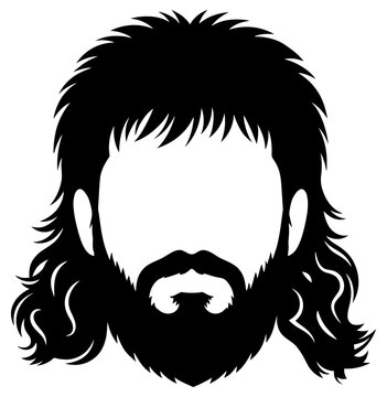 Beard illustration featuring a rugged male face with mullet hairstyle on transparent background