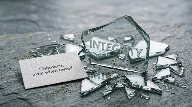 Shattered glass with the word integrity symbolizes broken trust