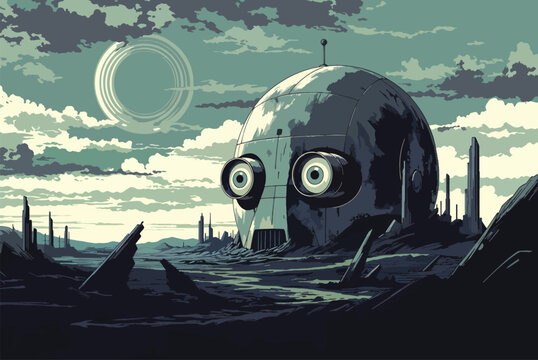 A Giant Retro Futuristic Robot Head Rising from a Desolate Science Fiction Landscape