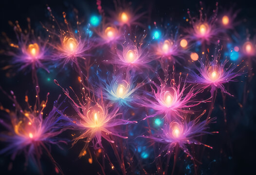 A glowing field of bioluminescent fantasy flowers with vibrant neon lights