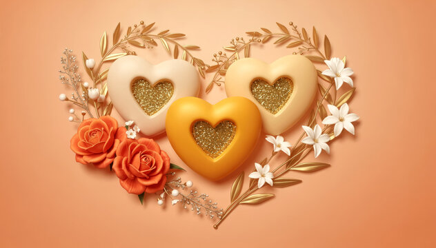 A romantic arrangement of glittering heart decorations with roses, white flowers and golden foliage