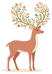 Fototapeta premium Deer illustration with blooming floral antlers and elegant woodland design in flat vector style on transparent background