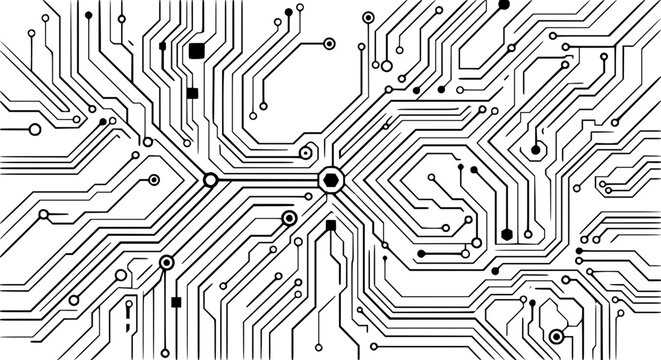 circuit board, futuristic circuit, cyber pattern, digital geometry, tech schematic, black and white circuitry, motherboard design, electronic lines, hand drawn outline engraving vector illustration de