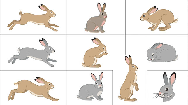 Wild brown hare rabbit character vector illustration set with running jumping sitting sleeping and standing poses in panels