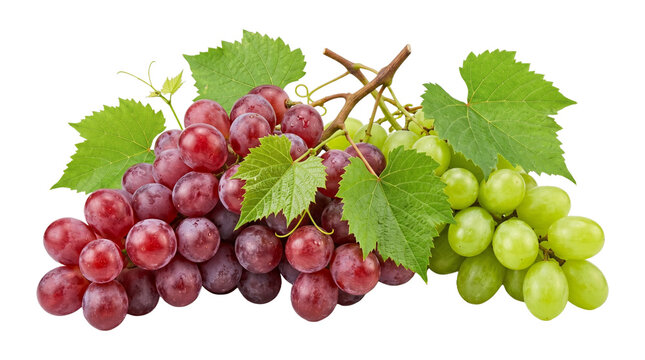 Red and green grapes with leaves on vine isolated on transparent background for fresh fruit design work.