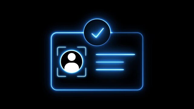 Glowing neon Identification cards animation video, ID Card icon animation. Identity Verification Interface, Digital ID Card with Person Silhouette and Check mark Approval Symbols. kyc concept.