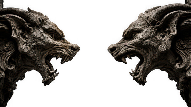 Of snarling stone dragon gargoyle statues isolated on transparent background