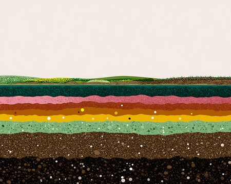 Digital Nomad Farming Soil Cross Section of Earth Layers With Soil Strata And Green Landscape Surface Showing Geological Composition And Environment