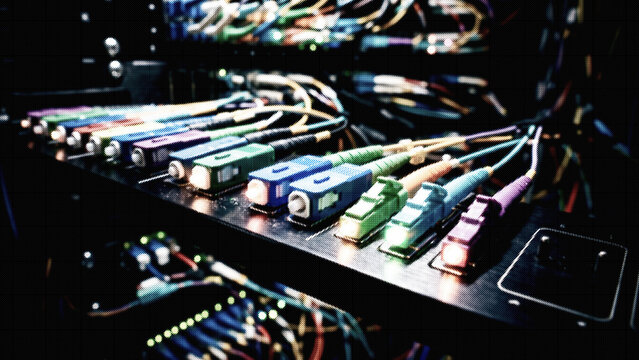 Fiber Optic Cables Connected to Data Server Rack with Halftone Effect