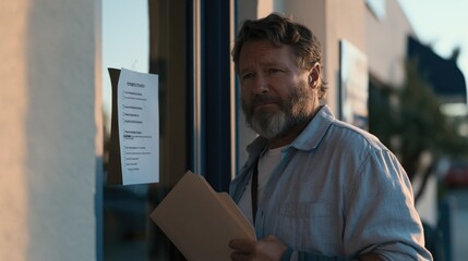 Fototapeta premium Concerned middle aged man holding folder while reading printed notice on office door at sunset