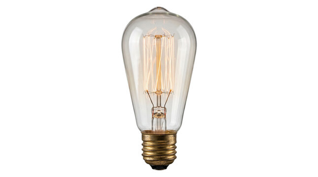 Vintage edison light bulb with glowing filament and bronze base isolated on transparent background png.