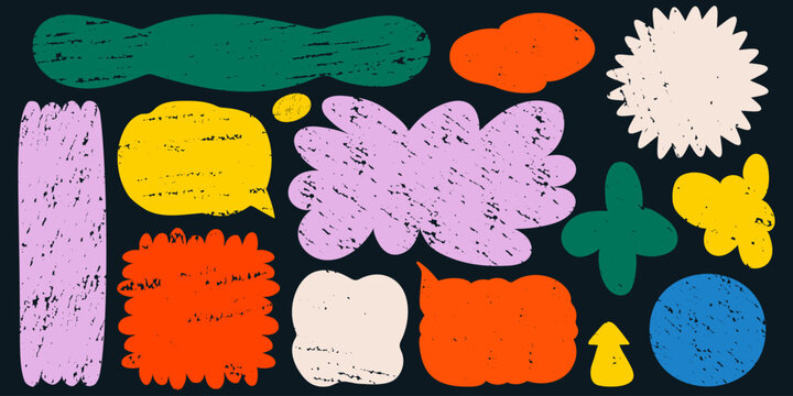 Crayon textured bright groovy textbox set. Playful colored kids shapes. Speech bubble, circle, cloud, flower, and irregular wavy labels, wiggly frames, tag templates. Hand drawn vector isolated