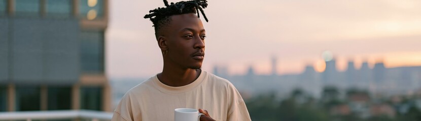 Obraz premium Young man with dreadlocks holding mug on rooftop at sunset background for lifestyle banner and social media design