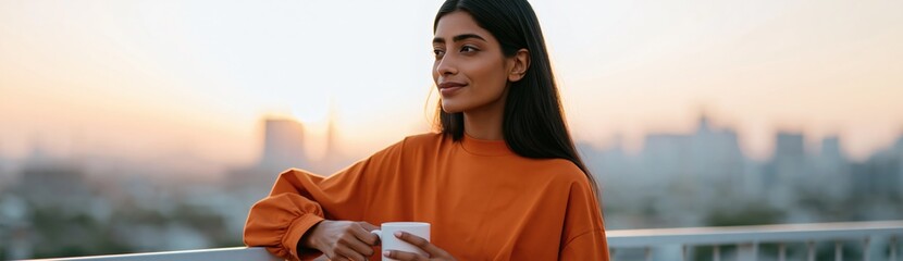 Obraz premium Young woman on balcony at sunrise holding a coffee mug for morning routine lifestyle and urban rooftop background with city skyline view for banner or wallpaper design