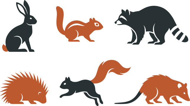 Stylized woodland animal silhouette set featuring rabbit, chipmunk, raccoon, porcupine, squirrel, and opossum in modern two-tone vector design for wildlife and nature illustration