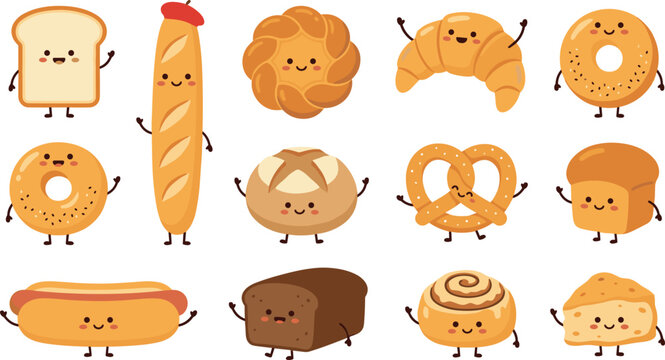 Cute Bread Cartoon Character Icon Set Featuring Kawaii Sliced Loaf Baget Croissant Bagel Pretzel Cinnamon Roll and Bun Bakery Vector Illustration