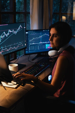 woman Trading Stock on Multiple Screens at Home office setup at night