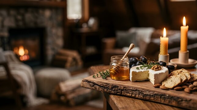 Brie cheese and honey served on a wooden board by a cozy fireplace