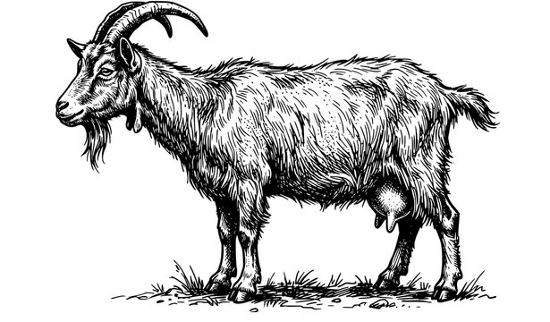 ​Domestic farm goat standing side view hand drawn sketch vector illustration isolated on a plain white background