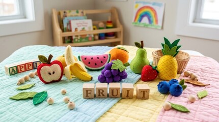 Naklejka premium A colorful arrangement of felt fruits and wooden blocks on a bedspread, with a rainbow picture on the wall and a wooden toy shelf in the background.