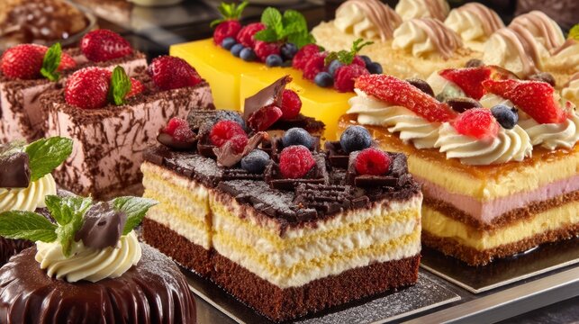 Assorted colorful dessert cake slices topped with fresh fruit and cream