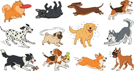 Cute Cartoon Dog Breeds Collection with Playful Puppies Running, Catching Frisbee, Shaking Water, Barking, and Playing Together in Vector Illustration Set © Najir