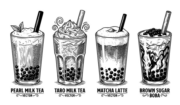 Bubble milk tea pearl boba matcha latte hand drawn sketch vector illustration set isolated on plain white background