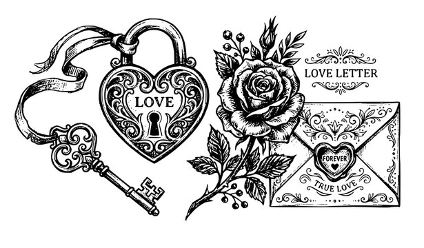 Vintage ornate heart lock key rose flower and love letter envelope hand drawn sketch vector illustration on white
