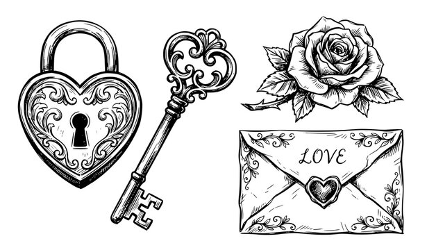 Vintage heart lock key rose flower and love letter envelope hand drawn sketch vector illustration isolated on white