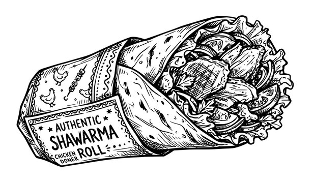 Chicken shawarma roll wrap hand drawn sketch vector illustration isolated on plain white background for street food menu