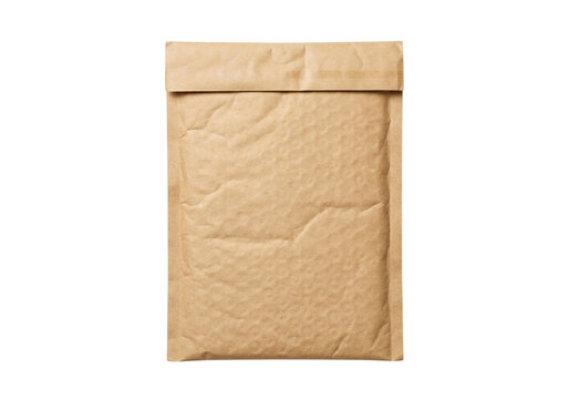 Brown kraft paper bubble mailer envelope isolated on transparent background, representing the concept of delivery, packaging, and boxes.  