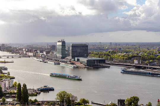 Aerial view on Amsterdam's river IJ