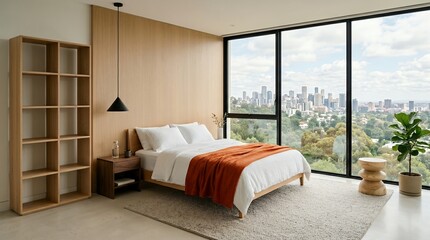 Fototapeta premium Cozy bedroom with a large window overlooking a cityscape and lush green trees featuring a minimalist wooden bed and furniture Bedroom188 interior modern home design view architecture
