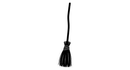 Witch broomstick vector illustration, black silhouette of a magic flying broom, spooky Halloween prop icon isolated on white background © Seli