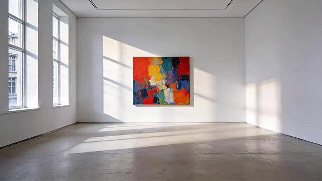 Bright abstract painting on white wall in sunlit exhibition room