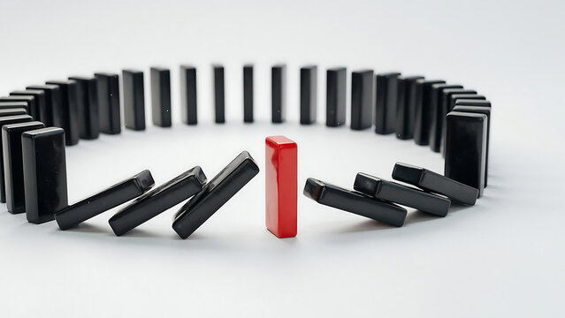 Red domino blockade halting a circular chain reaction of falling black tiles with resistance strategy business leadership standing decision momentum consequence obstacle